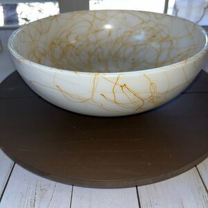 Milk Glass Hazel Atlas Drizzle Bowl Butterscotch & White String Pattern 10"
